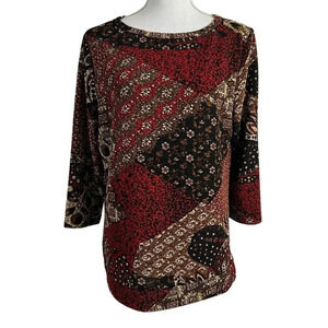 Sport Timer Blouse Large Floral Stretch Red Cream 90s Semi Sheer Side Hem Tie